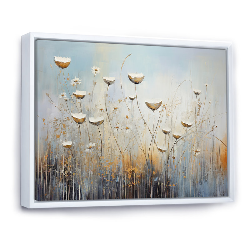 Beige Wildflowers Breeze IV sur toile, Cadre flottant blanc, H 16 po x l 32 po x P 1 po