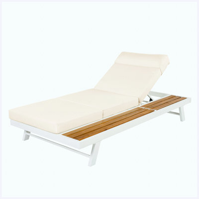 Méridienne d'extérieur réglable en bois de teck à 4 plis avec coussin de 4 pouces beige Capacité de poids de 400 lb pour le patio au bord de la piscine, fini teck (une seule chaise longue est incluse)