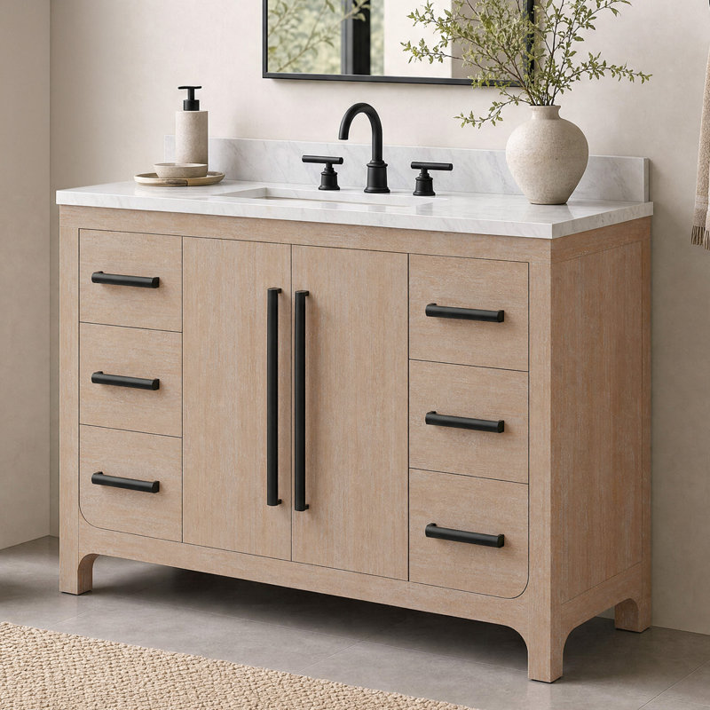 Graelyn Meuble-lavabo simple rectangulaire en marbre de Carrare blanc avec chêne vieilli, Latté caramel, Noir mat