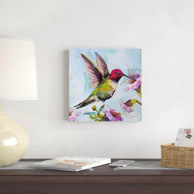 Colibri I Florals par Jeanette Vertentes - Peinture, H 12 po x l 12 po, Toile tendue, Non