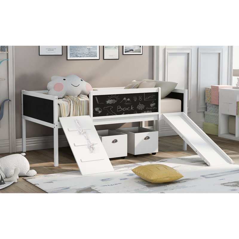 Twin Loft Bed In White. Solid Wood, Includes Climbing Frame & Rope, Chalkboard. Fun And Versatile White Size With Storage Facilities. Pine Wood. Rope For Entertainment. Chalkboard Innovation. Slide
