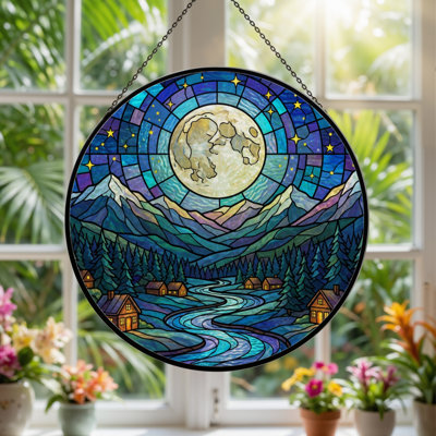 12"H Moonlit Mountains Stained Glass Window Panel