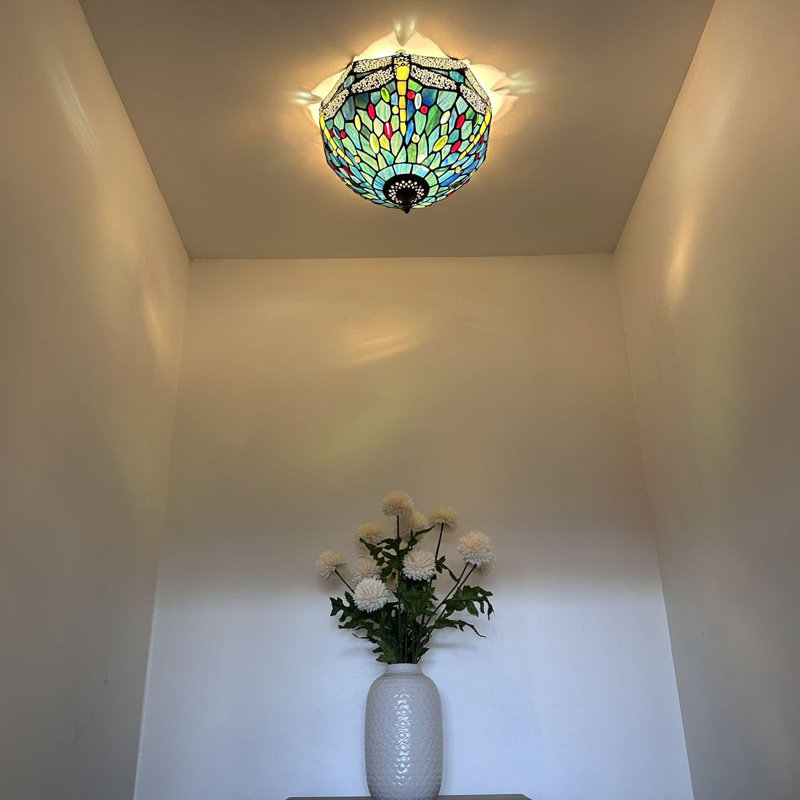 Tiffany Glass Flush Mount, Yellow/Blue