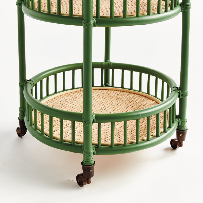 Benedict Verandah Handmade Cane and Rattan Bar Cart with Brass Casters in Green, Green