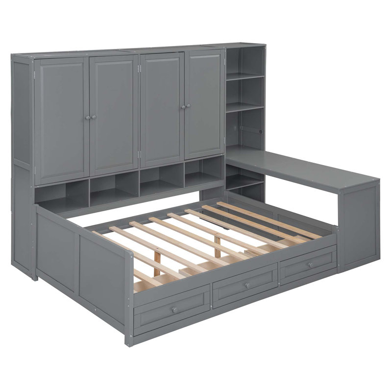Wooden Daybed With Three Drawers,And All-In-One Cabinet,Desk And Shelves, Gray, Full