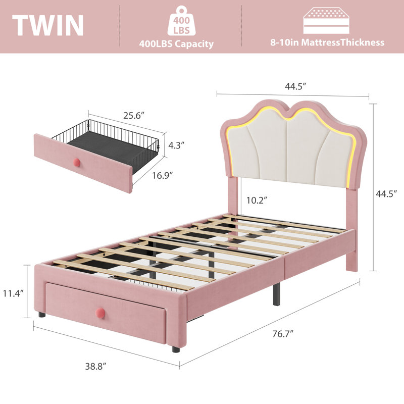 Twin Bed Frame with Storage, Upholstered LED Bed Frame with Headboard, Cute Velvet Platform Bed Frame for Kids, Girls, Solid Wood Slats Support, No Box Spring Needed, Easy Assembly, Pink+White