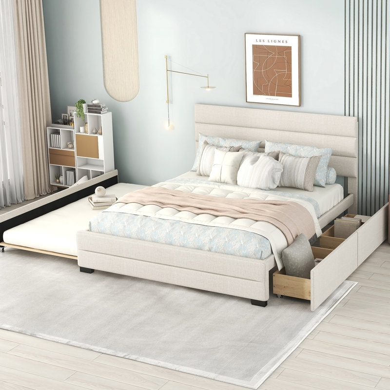 Lit plateforme tapissier confortable avec lit gigogne et deux grands tiroirs pour une chambre propre et spacieuse