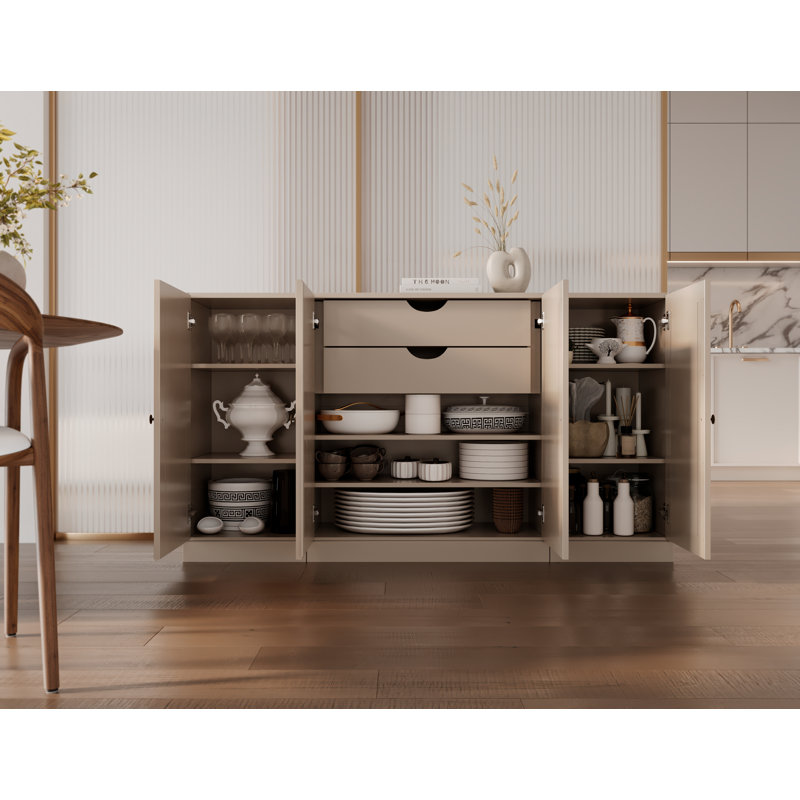 Buffet 100% bois massif 65 "avec portes solides, 2 tiroirs et tablettes réglables, Beige