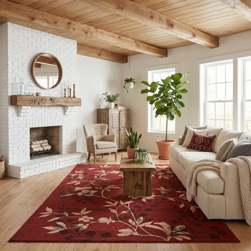Modern Low Pile Floral Rug for Living Room, Kitchen and Bedroom, Rectangle 10' x 13', Red