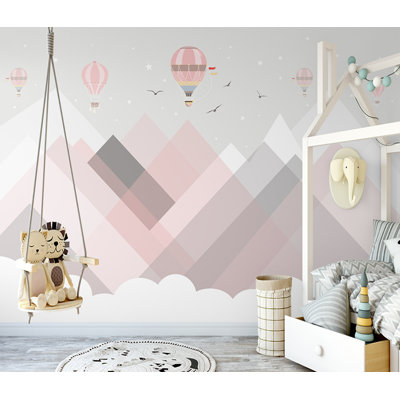 Colorful Triangle Mountains Geometric Shapes Hot Air Balloons Removable Wallpaper -  GK Wall Design, GKWP000842W55H35