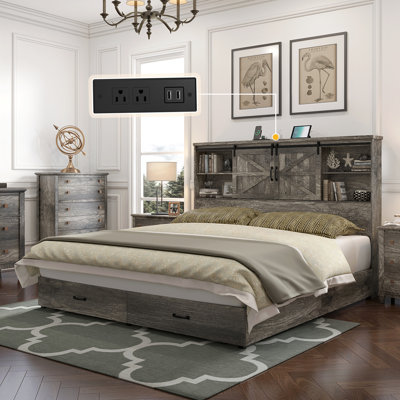 Tryston Sherell Wooden Bookcase Queen Bed Frame, Rustic Gray