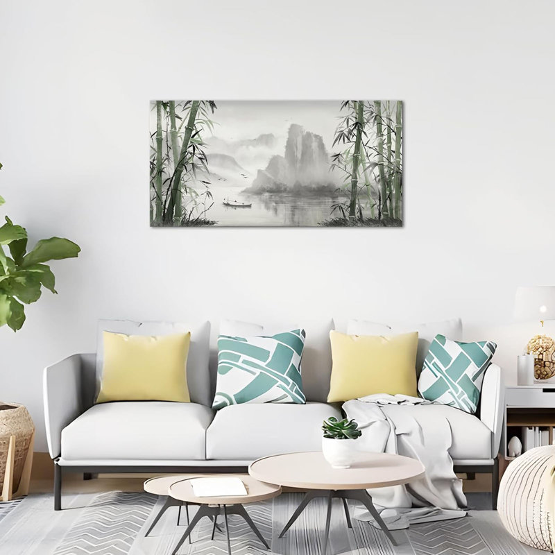 Noir et blanc, paysage naturel, art mural sur toile de bambou vert, peinture de style chinois Shanshui, décoration de bureau à domicile encadrée