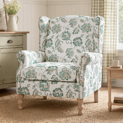 Fauteuil d'appoint à oreilles extra large Chloris, fauteuil rembourré en lin de style Mid-Century avec garniture cloutée cloutée, pieds en bois massif tourné, fauteuil de lecture de style maison de campagne