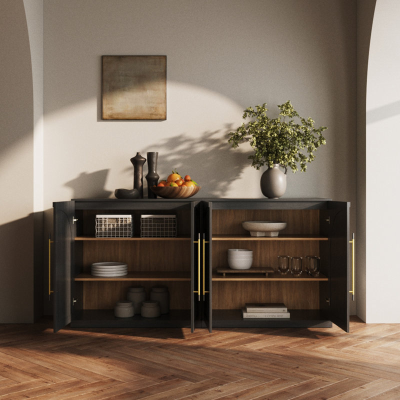 Buffet arqué 65 "avec porte vitrée et tablettes réglables, ébène, Ébène