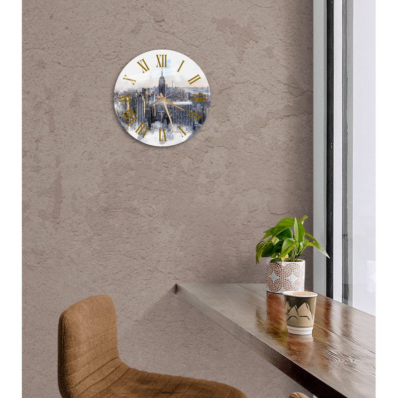 Horloge murale silencieuse en verre trempé New York View, Or