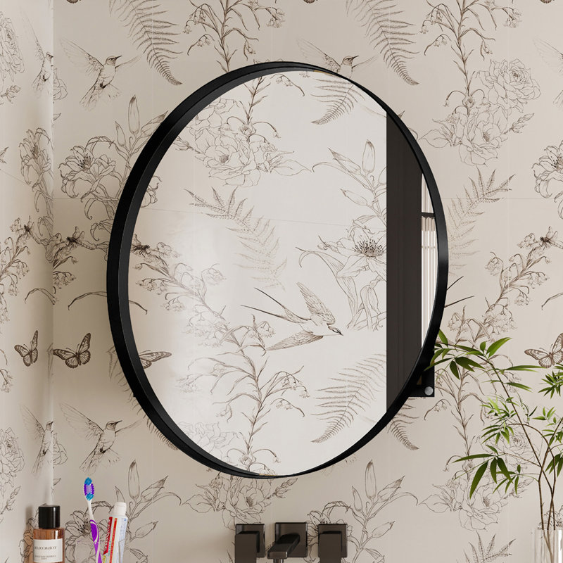 Armoire à pharmacie ronde avec cadre réglable en métal 31,5 pouces avec miroir et tablettes réglables, Noir