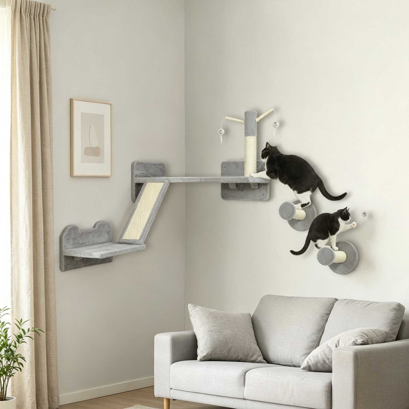 3‑Piece Wall‑Mounted Cat Wall Furniture Set with Scratching Posts, Perches & Interactive Toys, Light Grey