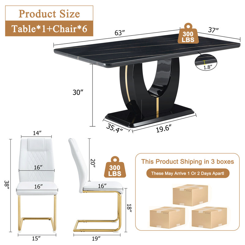 Yolunda 7 - Piece Rectangular Black Top Pedestal Dining Set, White