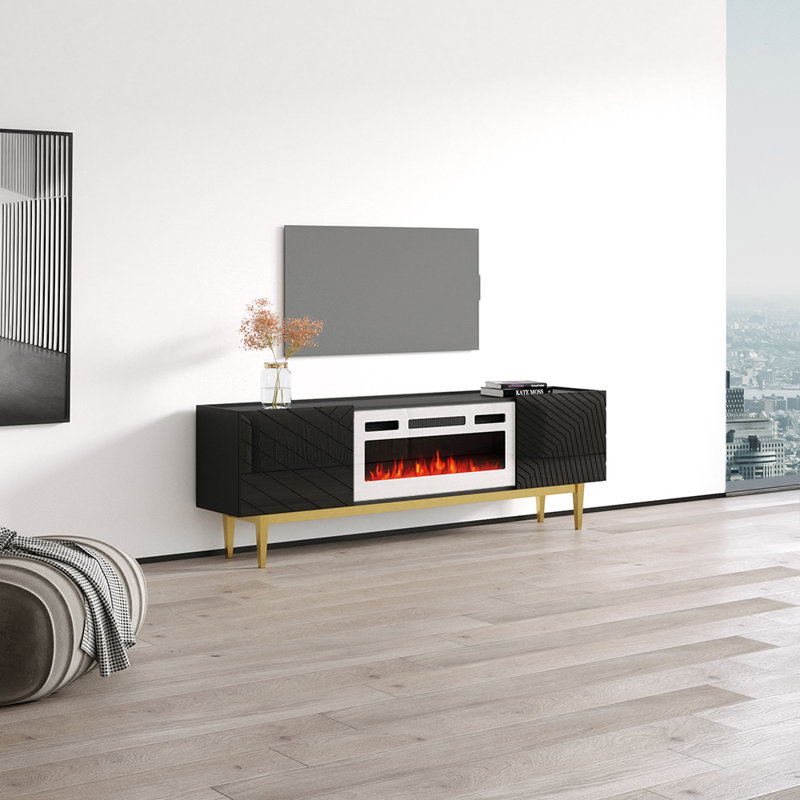 Gerlef 80" Modern TV Stand with Electric Fireplace, High Gloss Finish, Wall-Mounted, Black