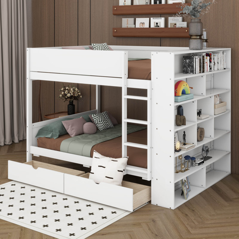 Lit superposé double au-dessus de double avec bibliothèque, cadre de lit superposé en bois avec 2 tiroirs et étagères de rangement à plusieurs niveaux pour enfants et adolescents
