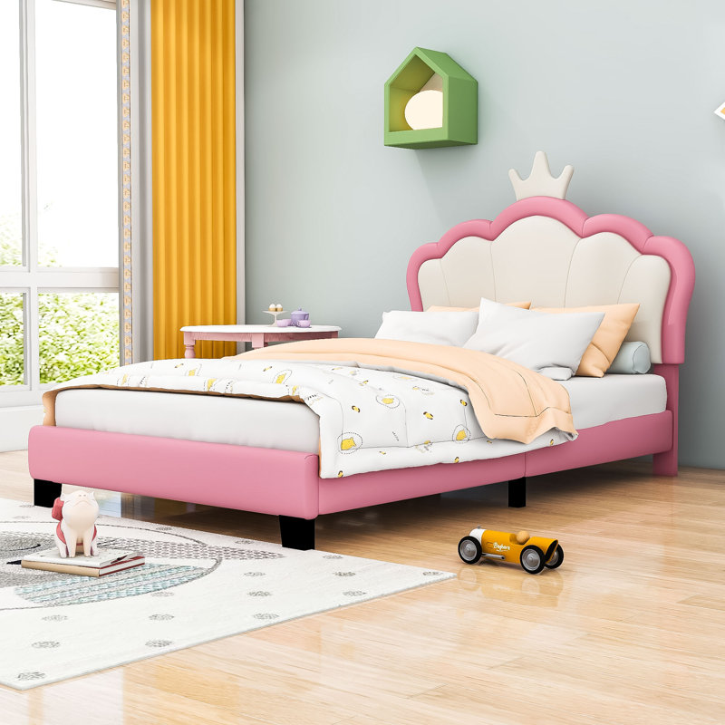 Lit plateforme tapissier avec tête de lit en forme de couronne, Double