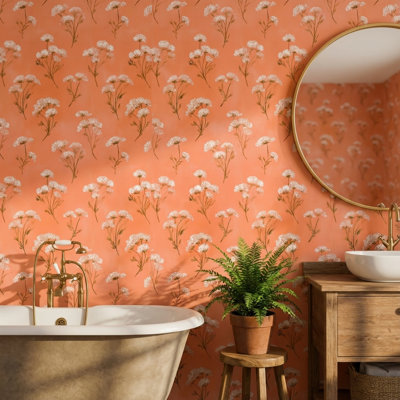 Papier peint floral, décoration murale amovible vintage orange