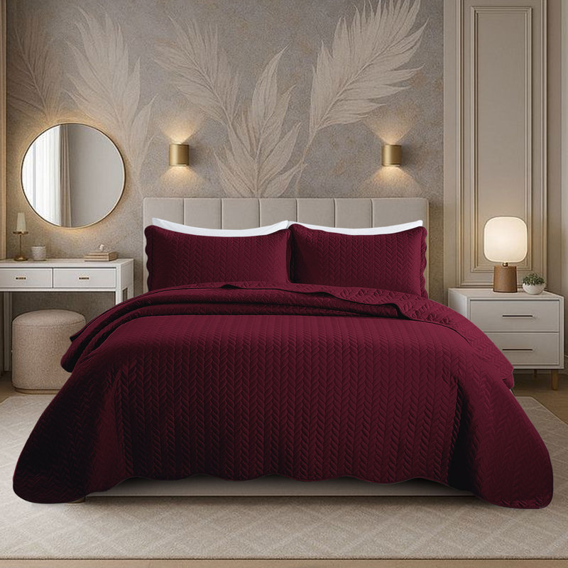 Ensemble de couvre-lit matelassé en microfibre embossée, Burgundy, California King Comforter + 2 Standard Shams