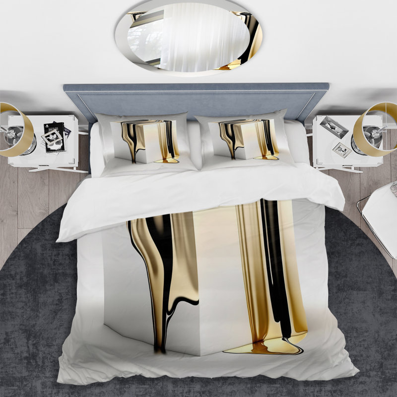 Ensemble d'édredon moderne 4 pièces - Expression cubique noire et dorée I avec taies décoratives et coussins décoratifs