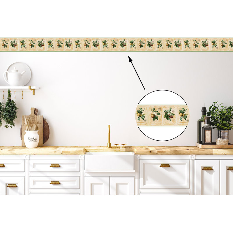 Bordure de papier peint l 15 pi x l 9,25 po de cuisine Aranza, Beige/vert/jaune