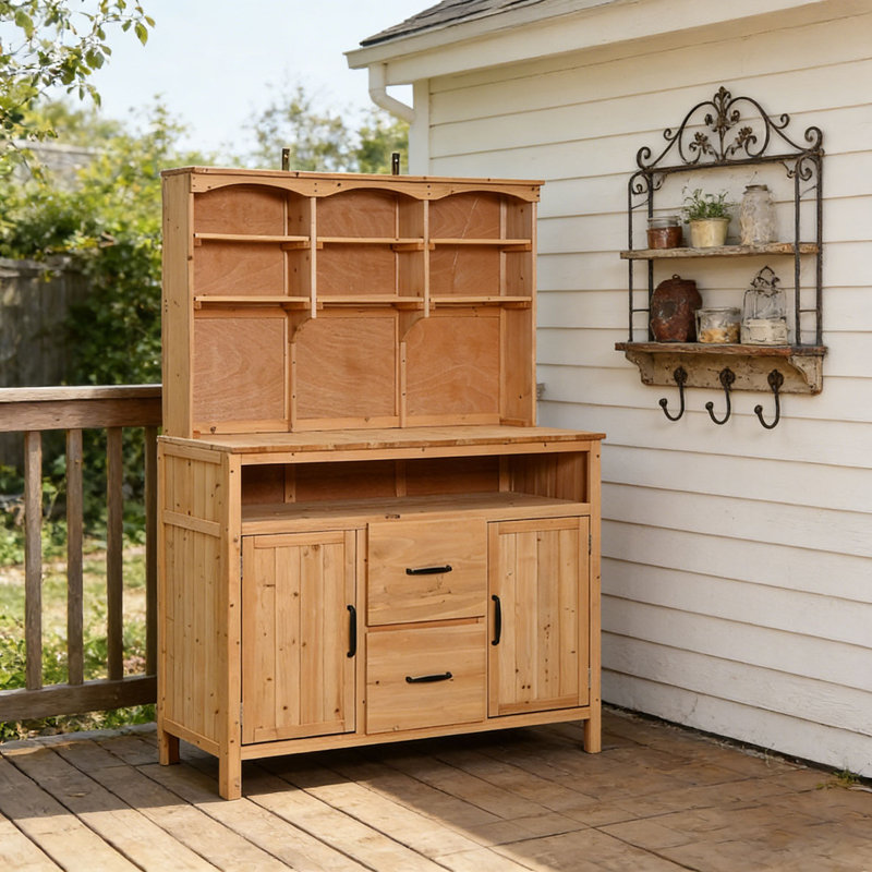 Large Fir Wood Potting Bench,45.3''L Multi-Functional Outdoor Patio Kitchen Island with Hutch, Natural Wood