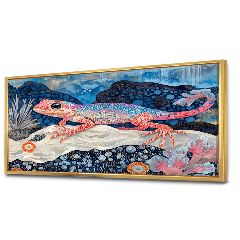 Lézard coloré dans le lac Harmony I - lézard, art mural, H 28 po x l 60 po, Impression encadrée flottante, Doré
