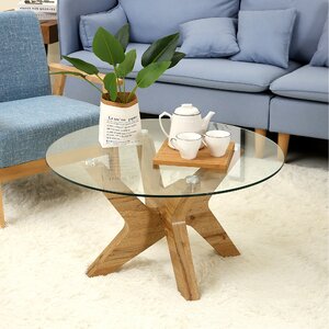 Cambridgeshire Round Coffee Tables with Natural Wood Frame and Tempered Glass Top Center Table