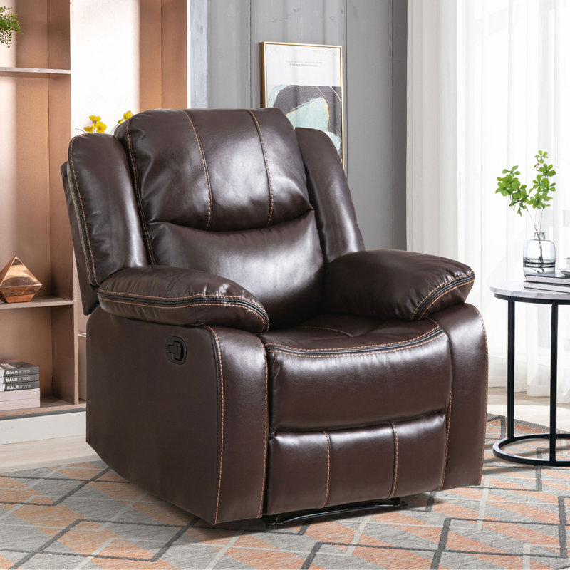 Kamarli 38.2" Wide Breathable Leather Cushion Back Manual Recliner Chair with Pillow Top Arm, Brown
