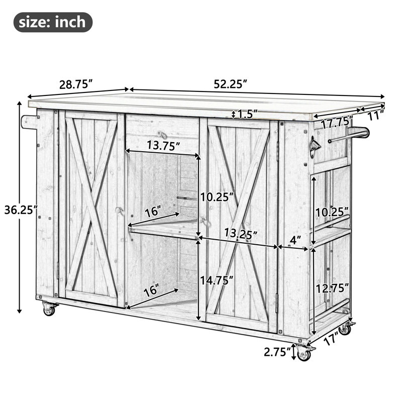 Grey Outdoor Kitchen Island With Foldable Stainless Top, Solid Fir Wood Storage Cart, Bottle Opener And Wheels
