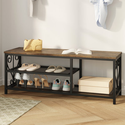 Vividwood Entryway Storage Bench With Shoe Rack, Hallway Bench With Seating, Rustic Wood Top & Metal Frame, 2-Tier Shoe Organizer