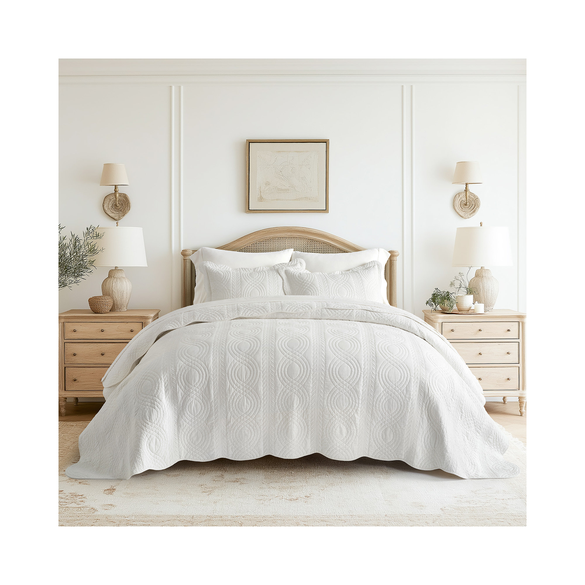 Scallop Edge 100% Cotton Quilt Set, King Quilt + 2 King Shams, Bright White