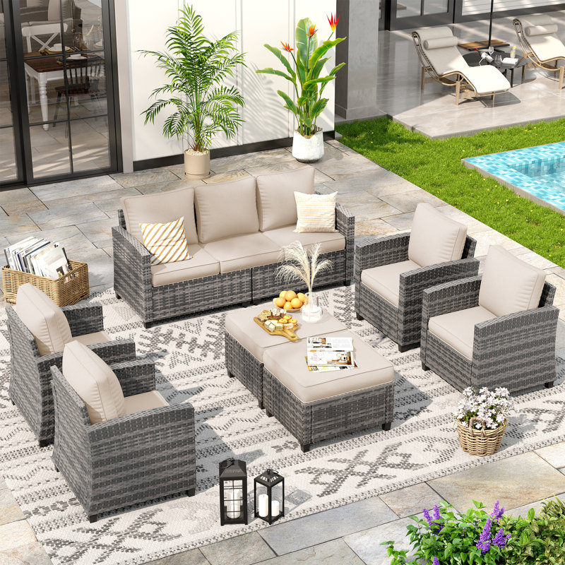 7-Person Outdoor Seating Group With Cushion, Beige, Gray