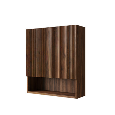 TOBI 26" Wall-Mounted Striped Bathroom Cabinet, With Doors, Shelf And Open Storage Compartment Over The Toilet Storage Cabinet For Bathroom, Kitchen, Laundry Room, Drak Walnut Woodgrain Color