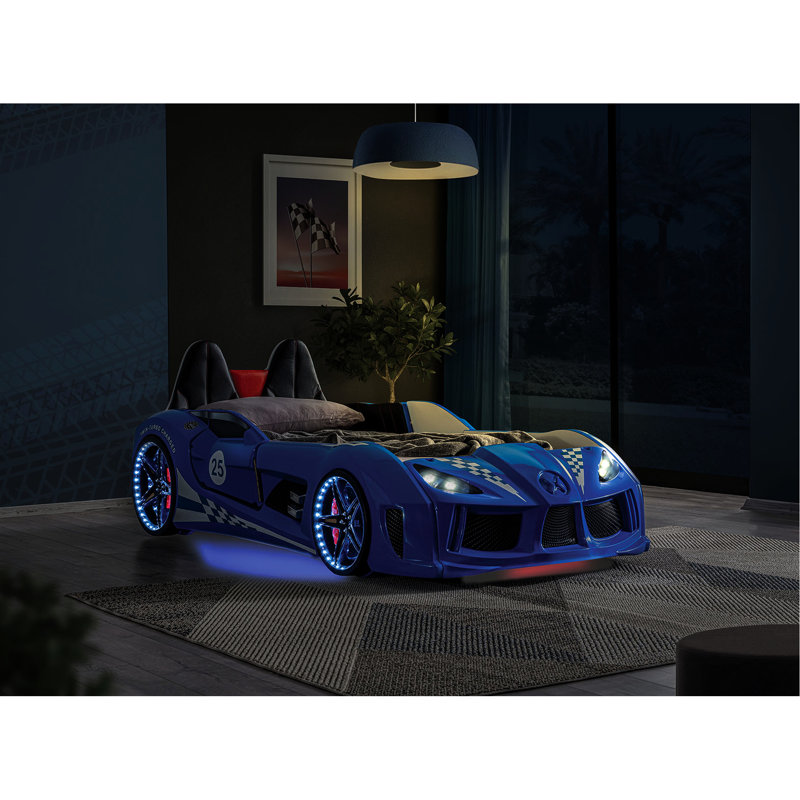 Lit de voiture de course bleu simple avec tête de lit et côtés rembourrés, portes magnétiques, lumières DEL intégrées, finition à 4 options de son, conception novatrice, lumières d'ouverture sur roues, tête de lit latérale, télécommande