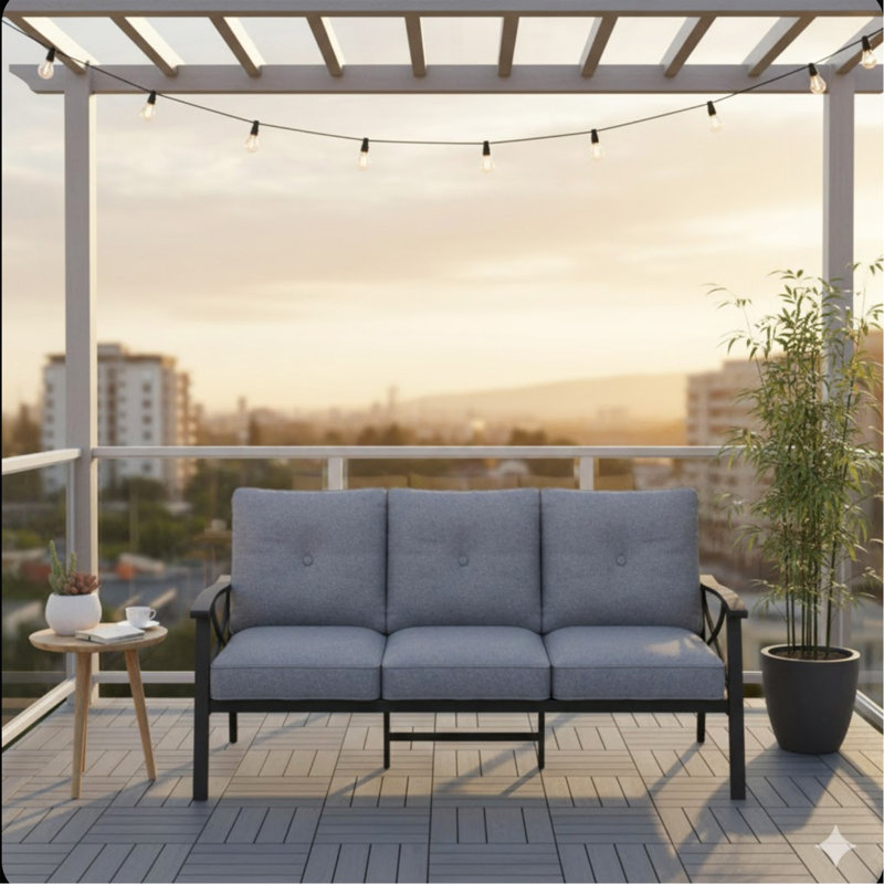 Canapé de patio 70 po 3 places toutes saisons en métal, structure kaki avec coussins gris, Gray+ Khaki