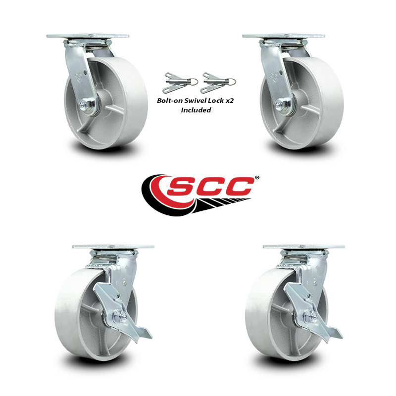 6 Inch Semi Steel Caster Set with Roller Bearings 2 Swivel Lock 2 Brake SCC