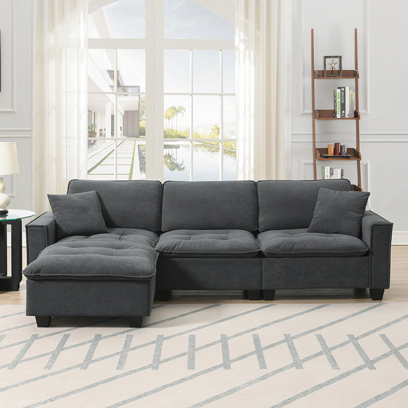 Canapé modulaire convertible moderne avec coussins et repose-pieds gratuits pour le salon, Velours suède gris foncé Dovray