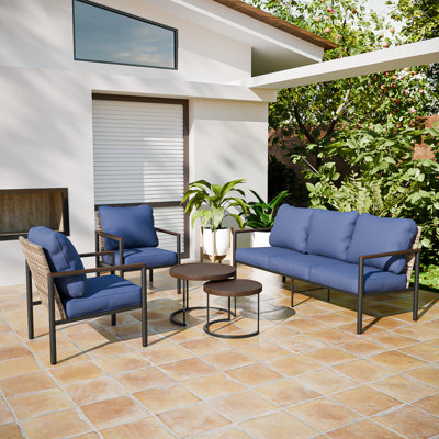 Outdoor 5-Person Seating Group Patio Metal Conversation Set with Wicker Backrest & Wood Grain Armrest, Nesting Tables by Latitude Run