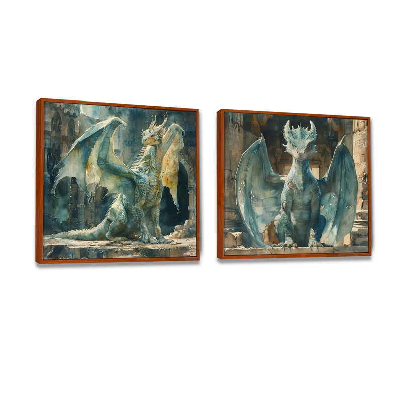 «Green Antique Ruins Dragon I - Dragons», art mural moderne 2 pièces, H 16 po x l 33 po, Impression encadrée flottante, Brun