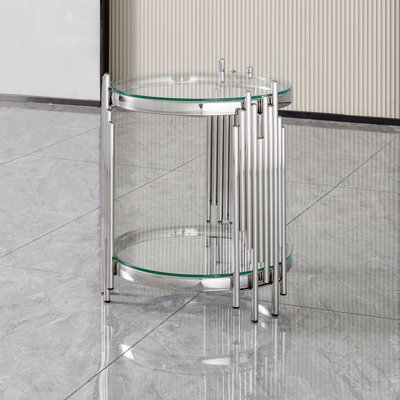 Luxury Round End Table With 2-Tier Clear Tempered Glass Top And Silver Stainless Steel Frame, Modern Side Table For Living Room, Bedroom, Office, Or Café
