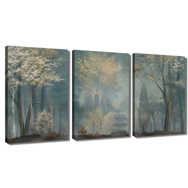 Impression sur toile tendue à 3 panneaux Teal Misty Woodland, 20 * 30 pouces * 3