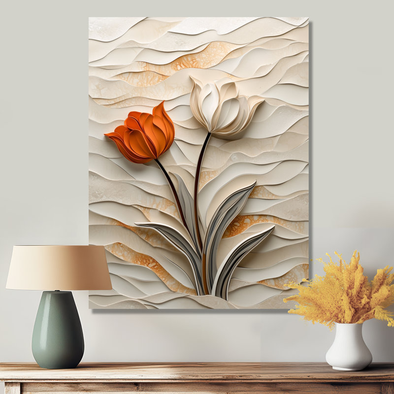 Beige And Red Dancing Serenade Of Tulip I - Floral Metal Wall Decor, Tulip Metal Print, 20" H x 12" W x 0.84" D