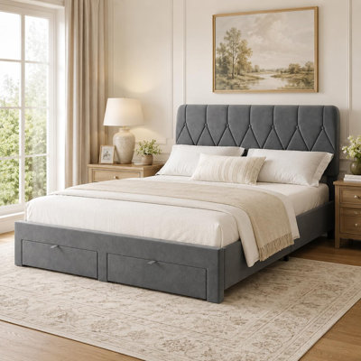 Velvet Upholstered Platform Bed Frame with 2 Storage Drawers & Headboard – Queen Size – Sturdy Wooden Slats – No Box Spring Needed – Easy Assembly – Color: Gray, Size: Q