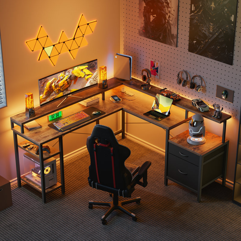 66" Reversible L Shaped Desk with File Cabinet, Computer Desk with LED Lights and Power Outlet, Rustic Brown