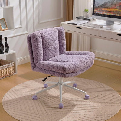Chaise de bureau à siège plus large W26,4 pouces, chaise de bureau à domicile en poils de lapin artificiel avec base en métal, chaise de bureau pivotante réglable, chaise de coiffeuse (violet)